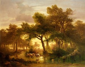 Gemälde "Waldlandschaft, im Vordergrund ein Sumpf"